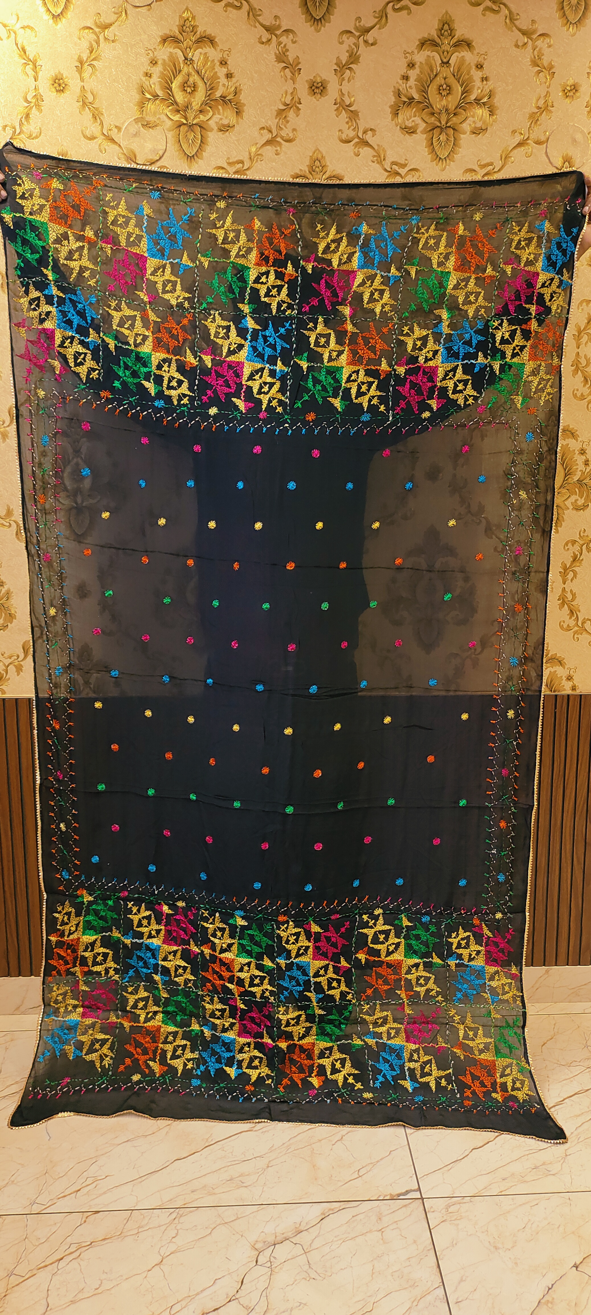 Black Semi Chinon Handmade Phulkari Dupatta