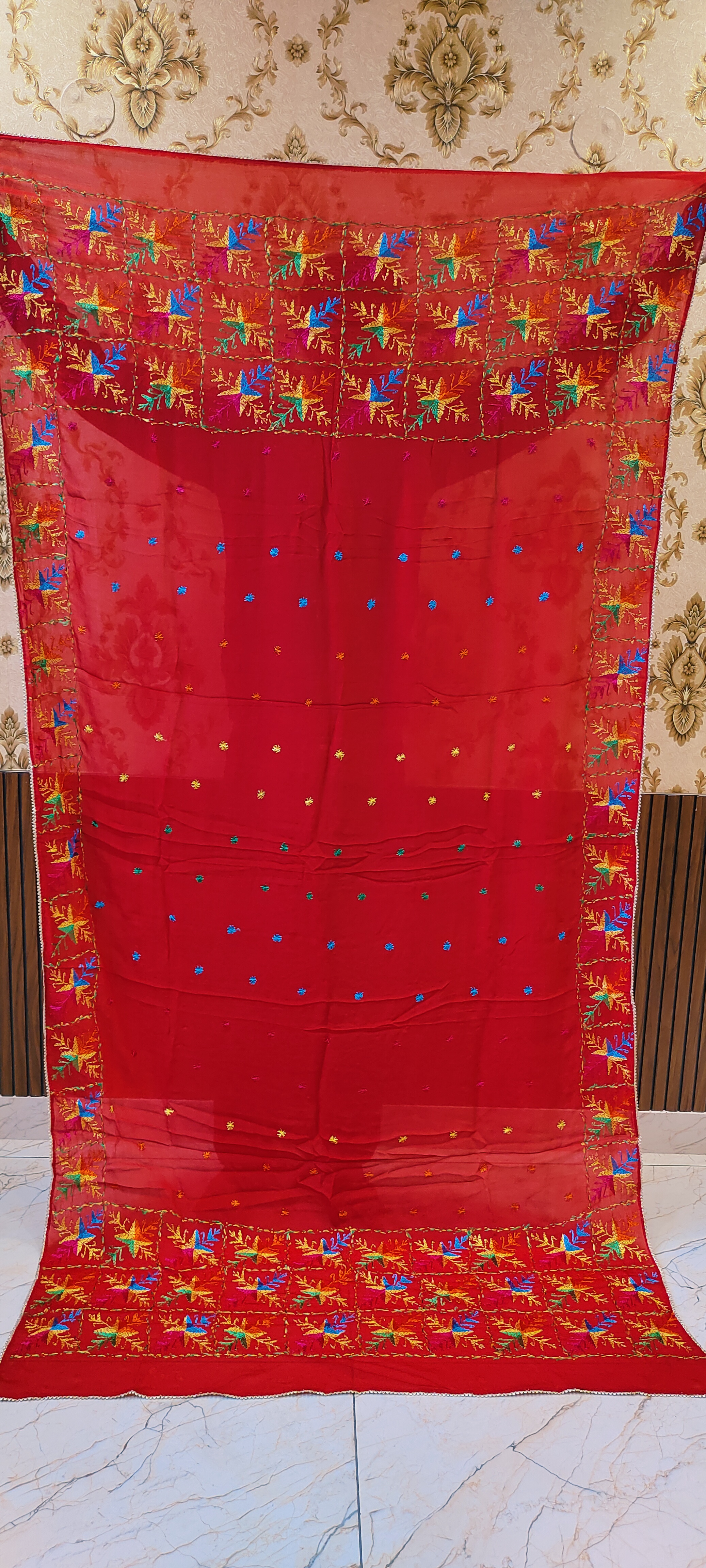 Red Semi Chinon Handmade Phulkari Dupatta