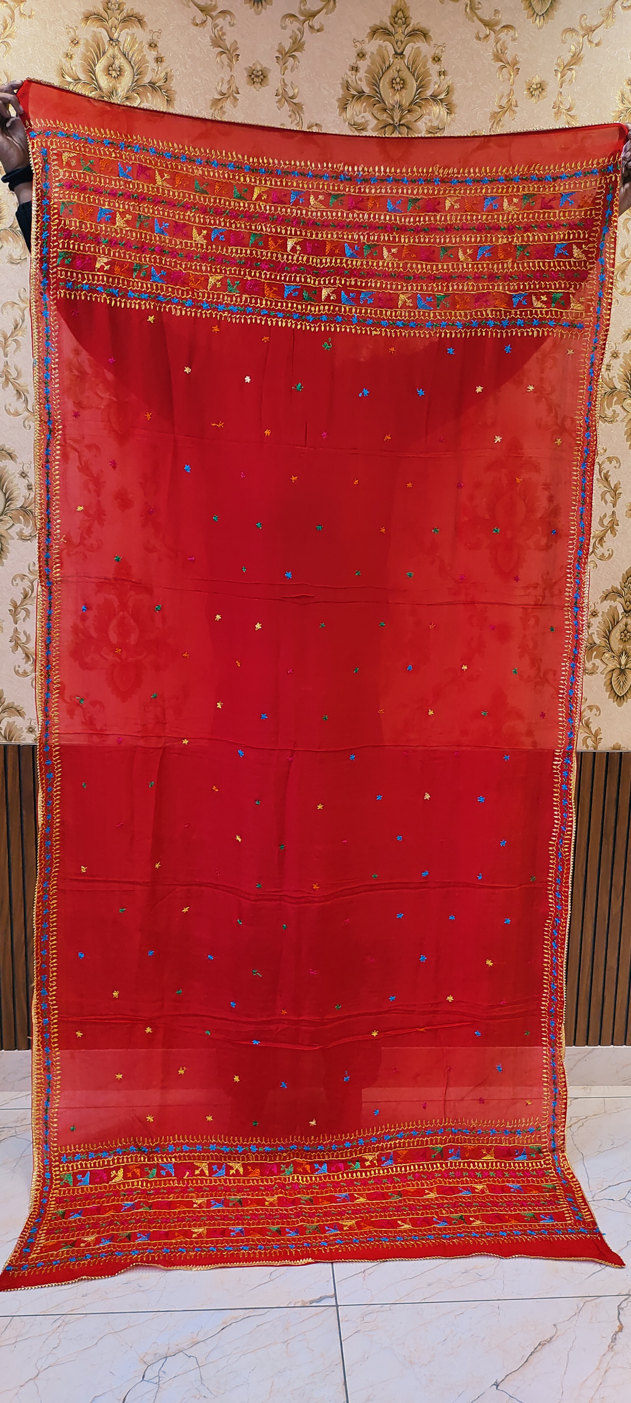 Red Semi Chinon Handmade Phulkari Dupatta