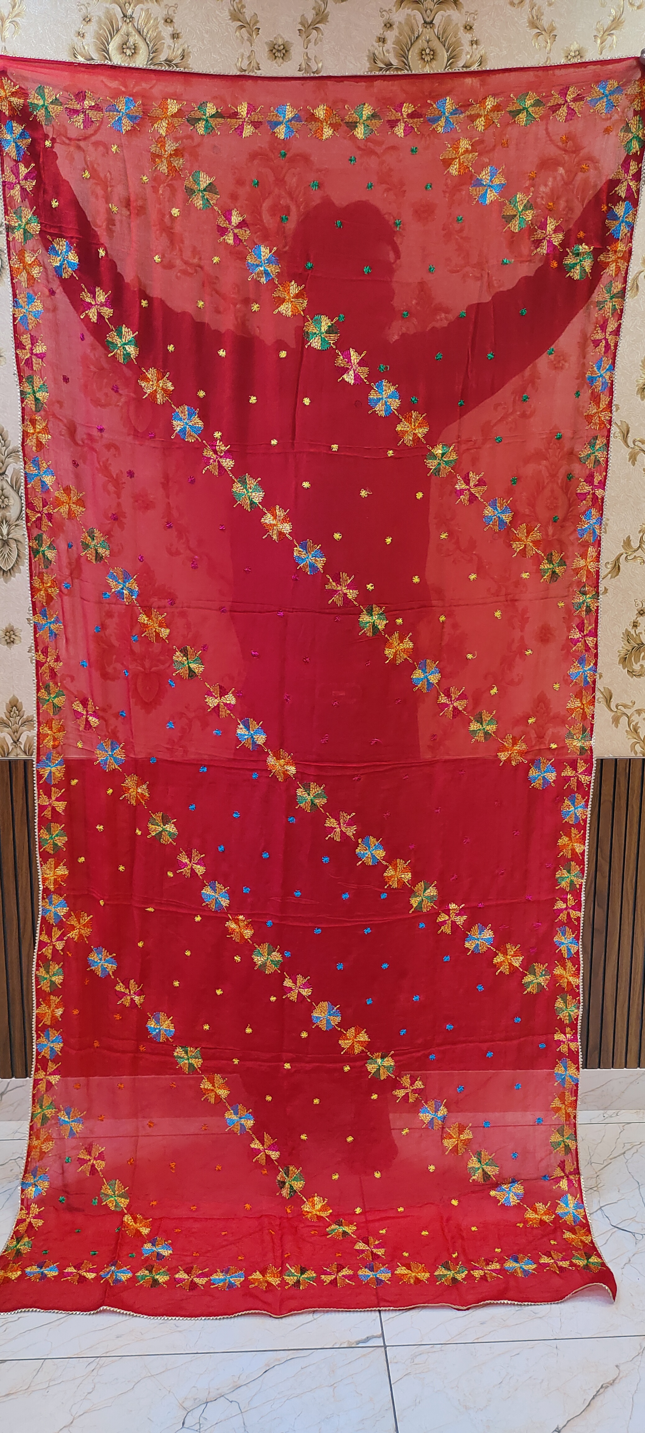 Red Semi Chinon Handmade Phulkari Dupatta