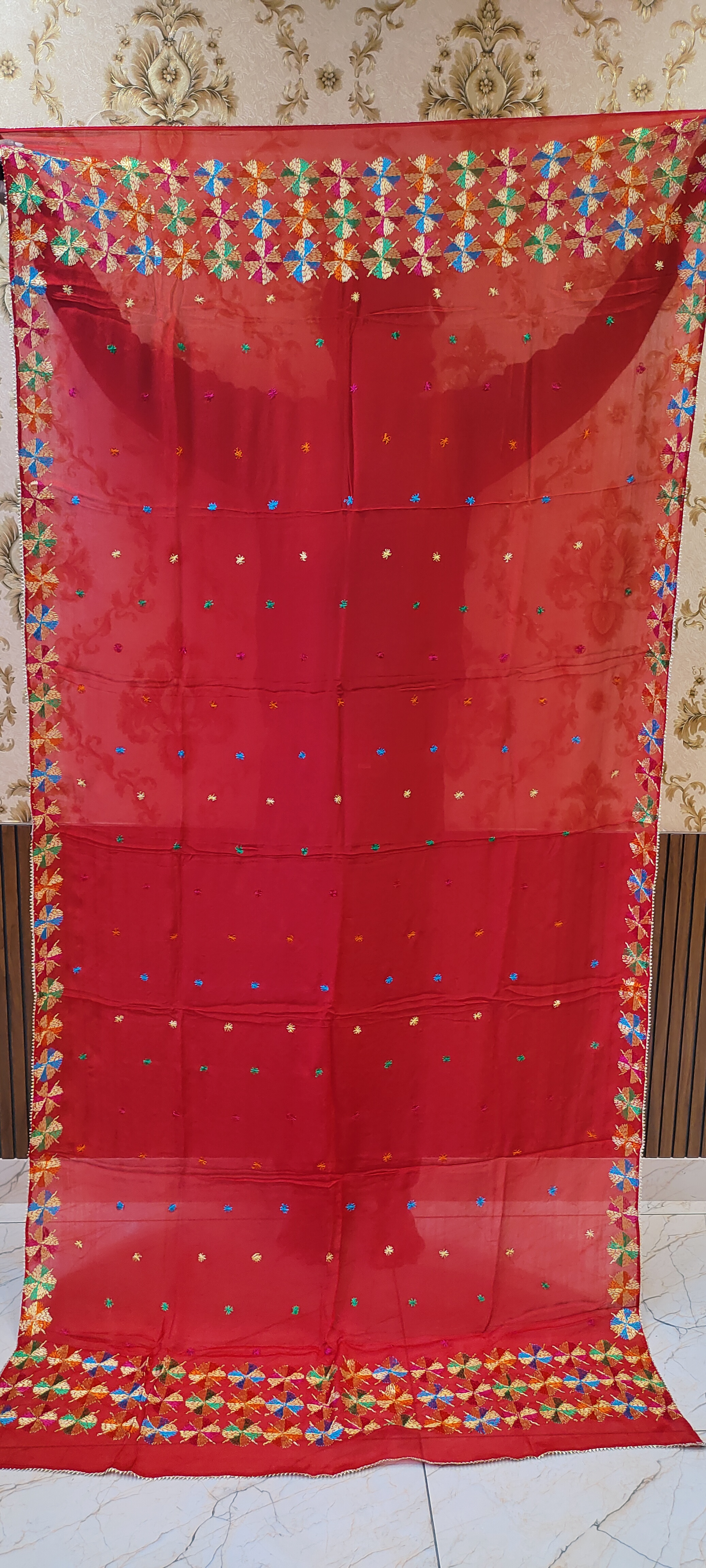 Red Semi Chinon Handmade Phulkari Dupatta