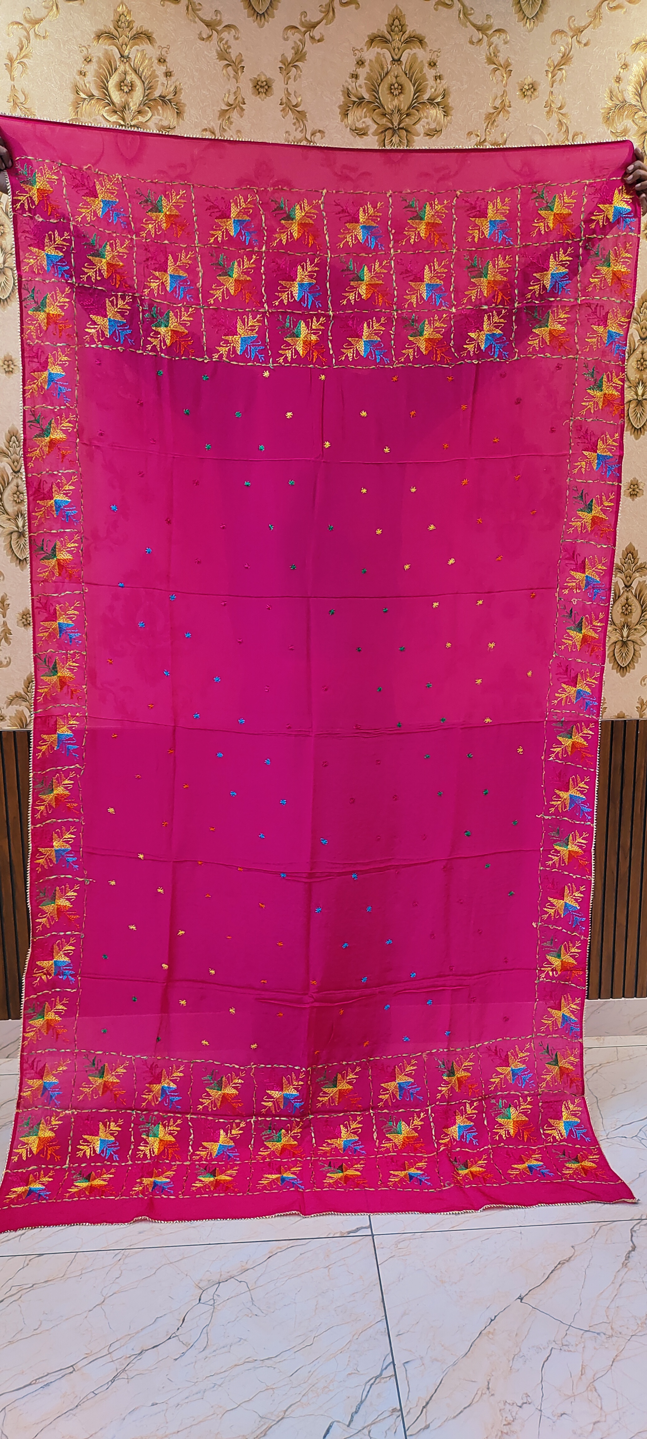 Magenta Semi Chinon Handmade Phulkari Dupatta