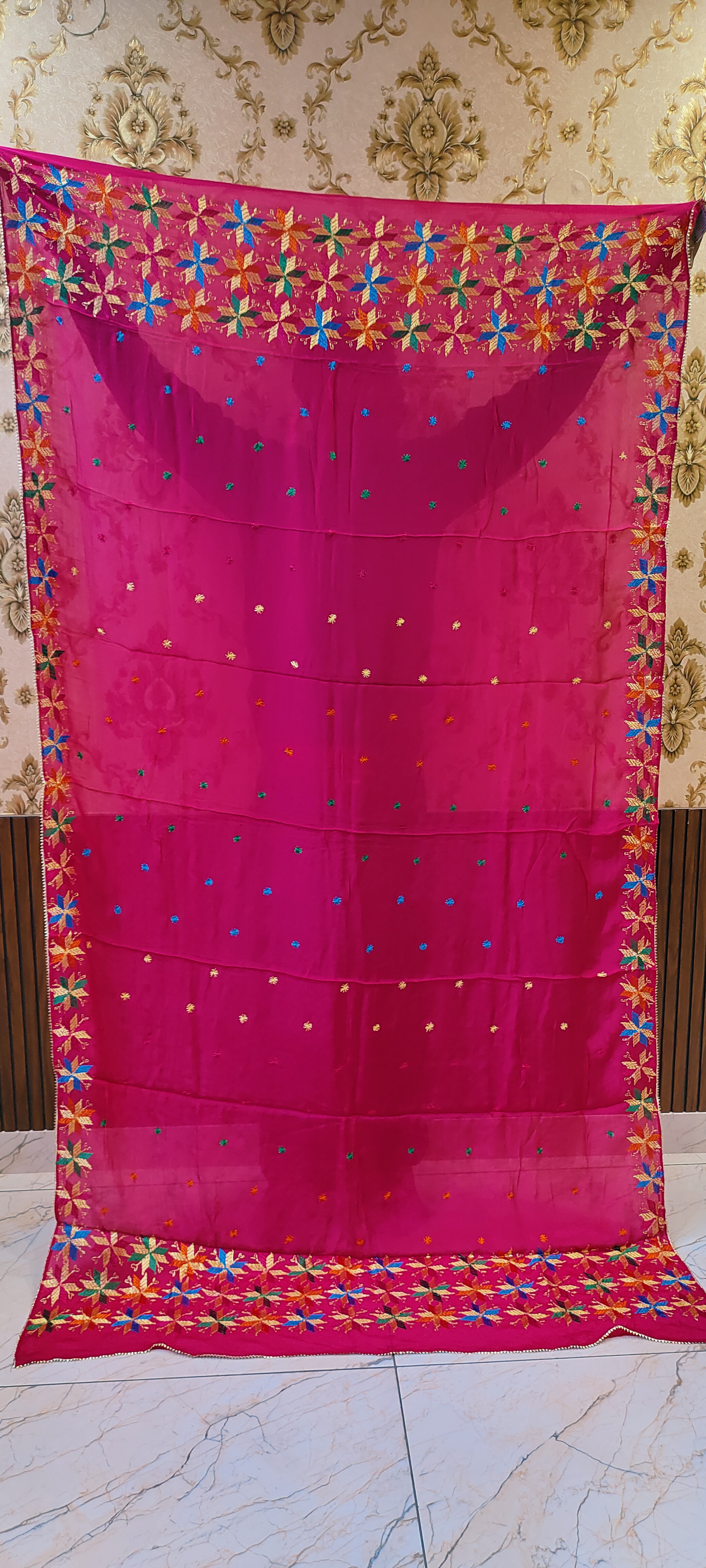 Magenta Semi Chinon Handmade Phulkari Dupatta
