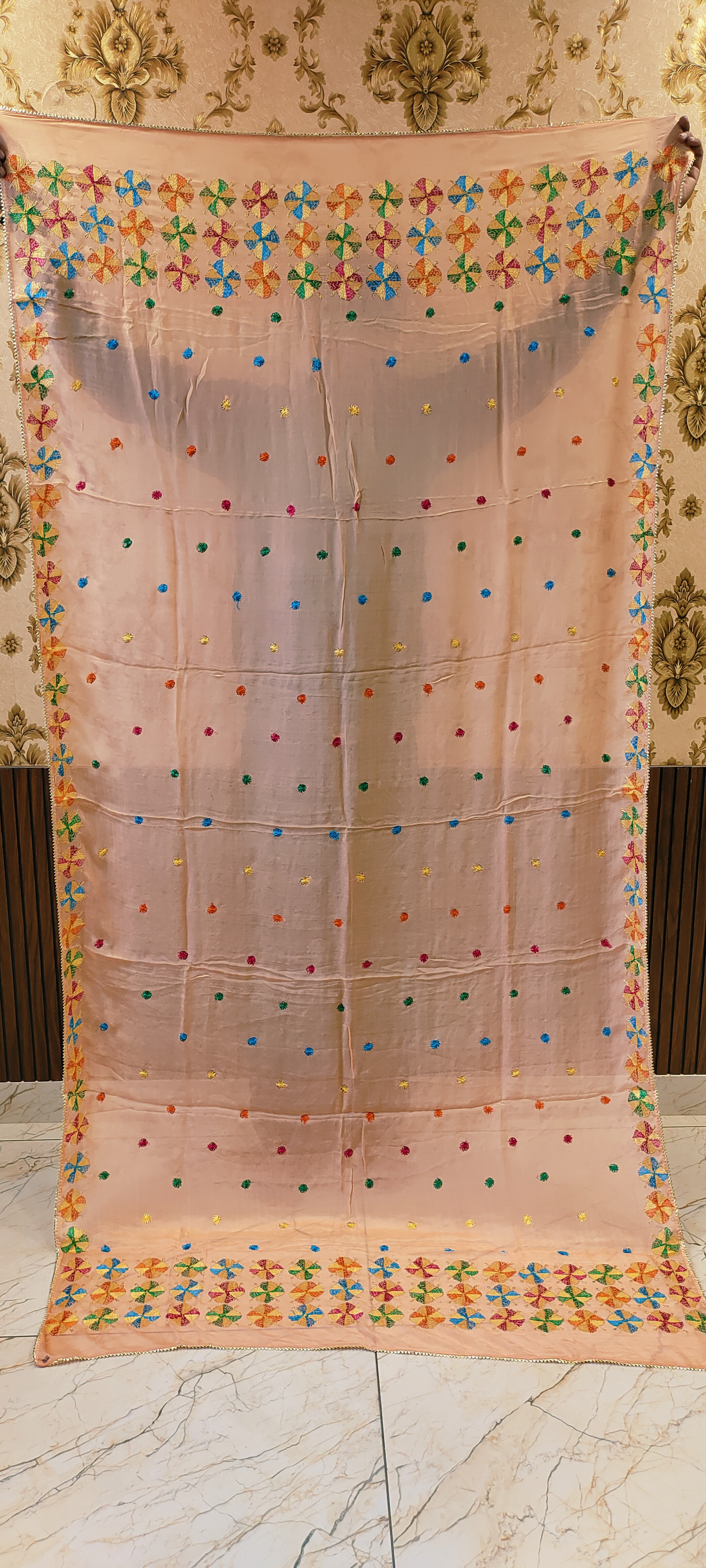 Light Peach Semi Chinon Handmade Phulkari Dupatta