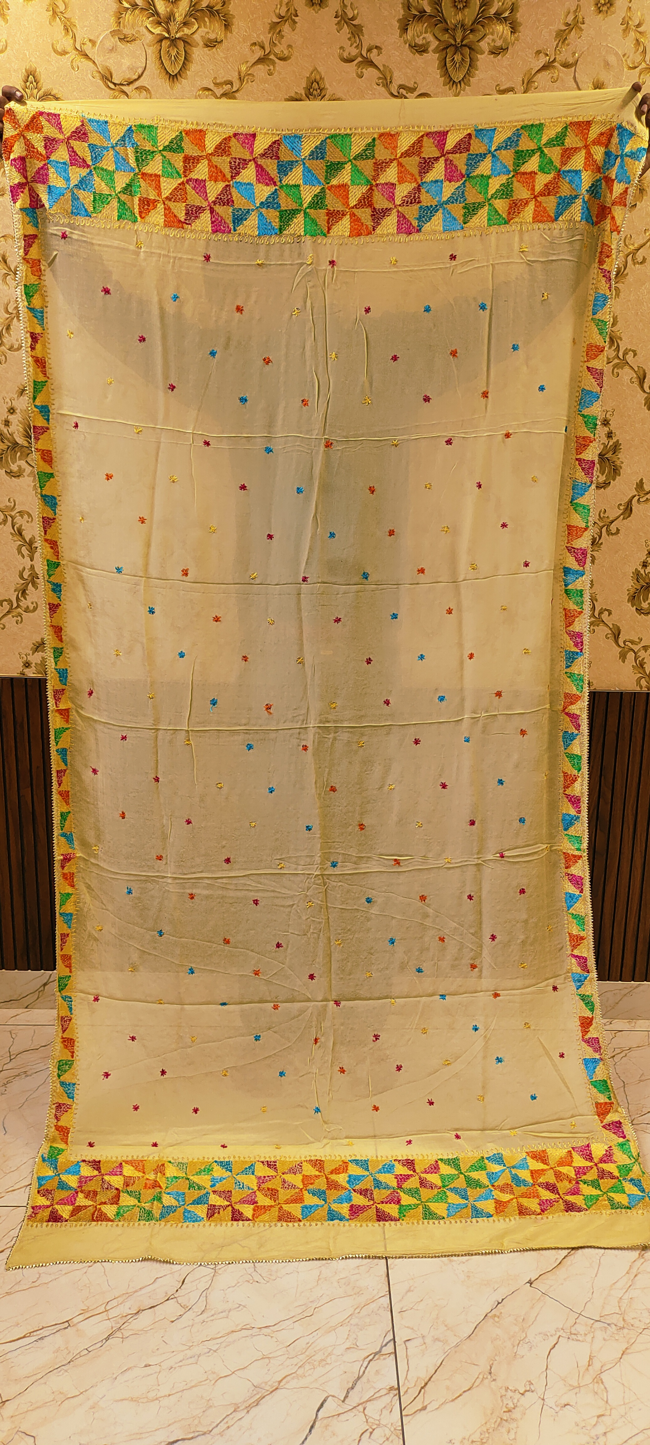 White Semi Chinon Handmade Phulkari Dupatta