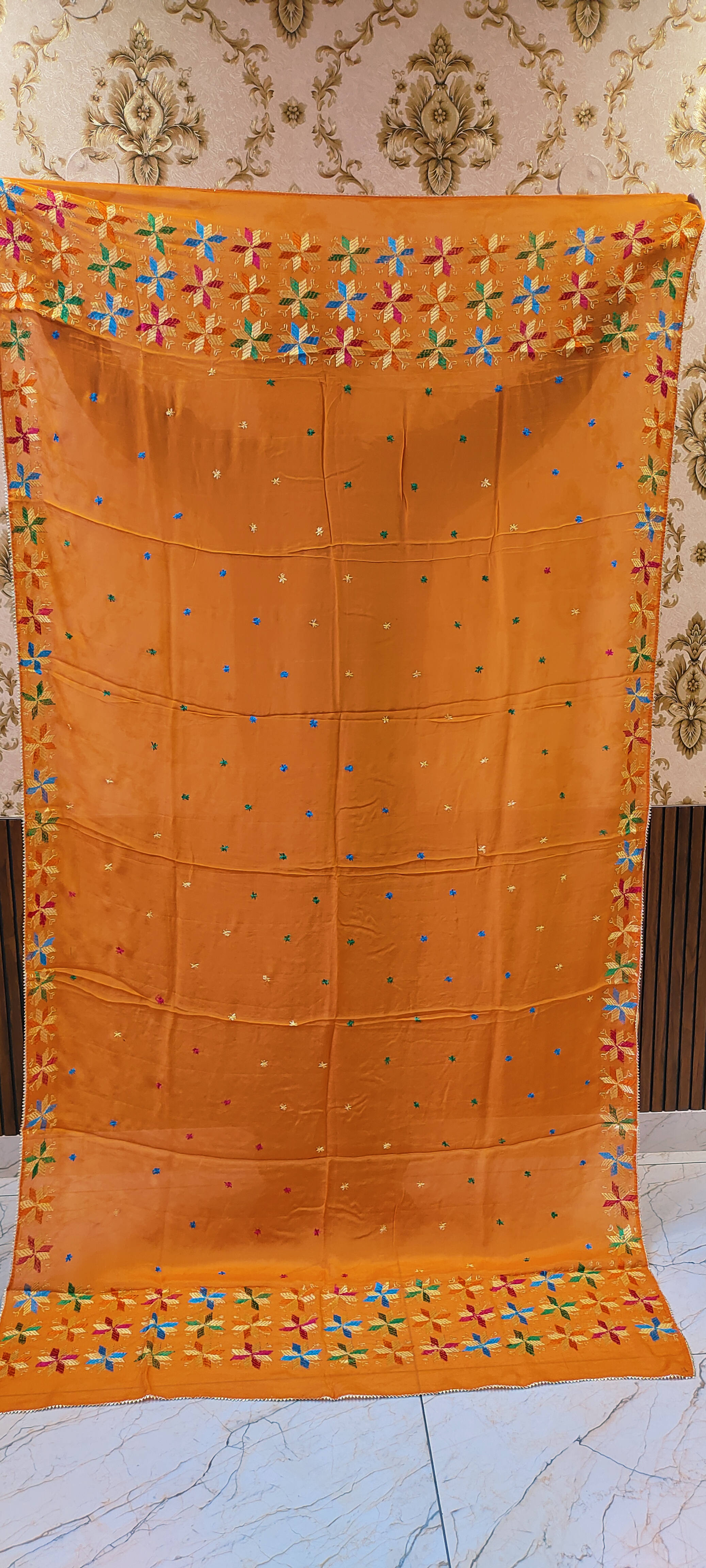 Orange Semi Chinon Handmade Phulkari Dupatta