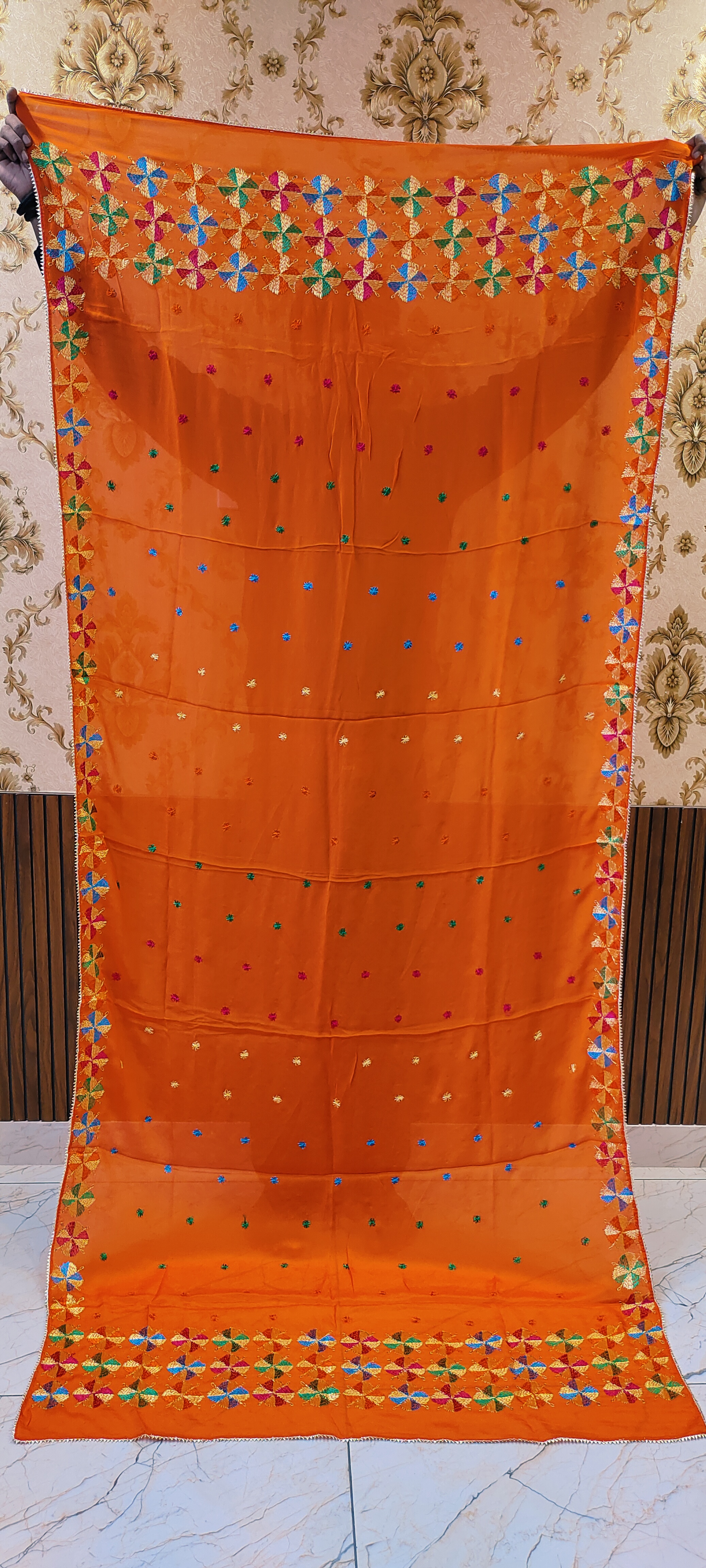 Orange Semi Chinon Handmade Phulkari Dupatta