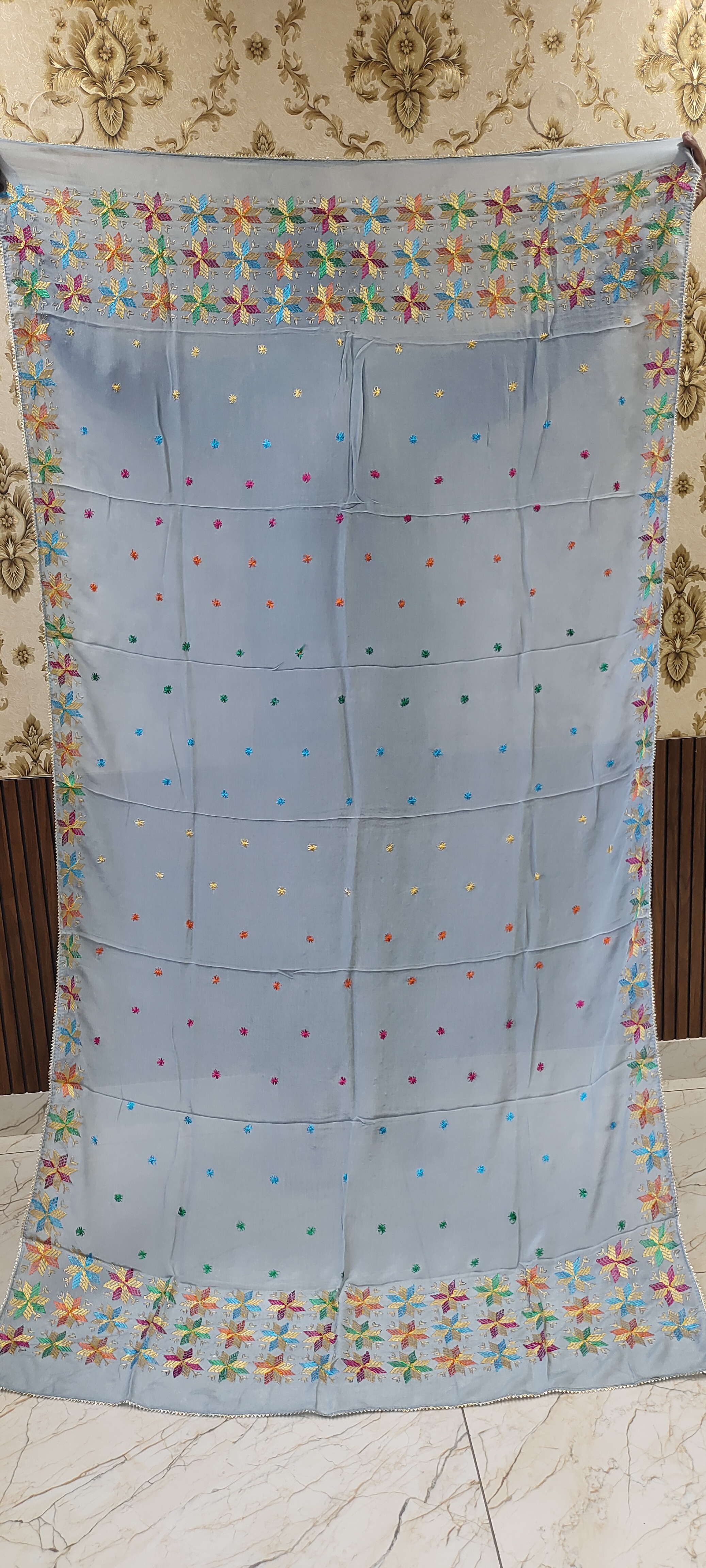 Grey Semi Chinon Handmade Phulkari Dupatta
