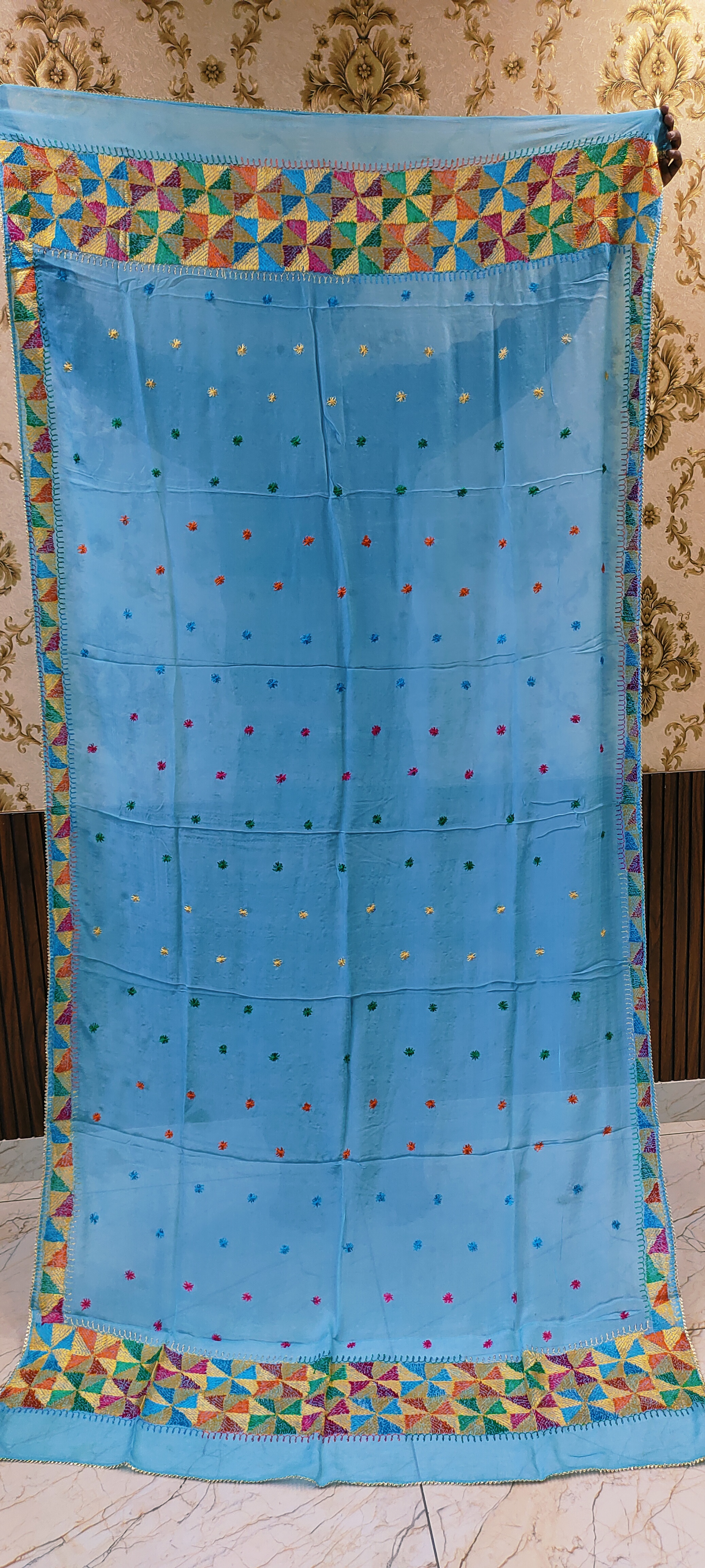 Sky Blue Semi Chinon Handmade Phulkari Dupatta