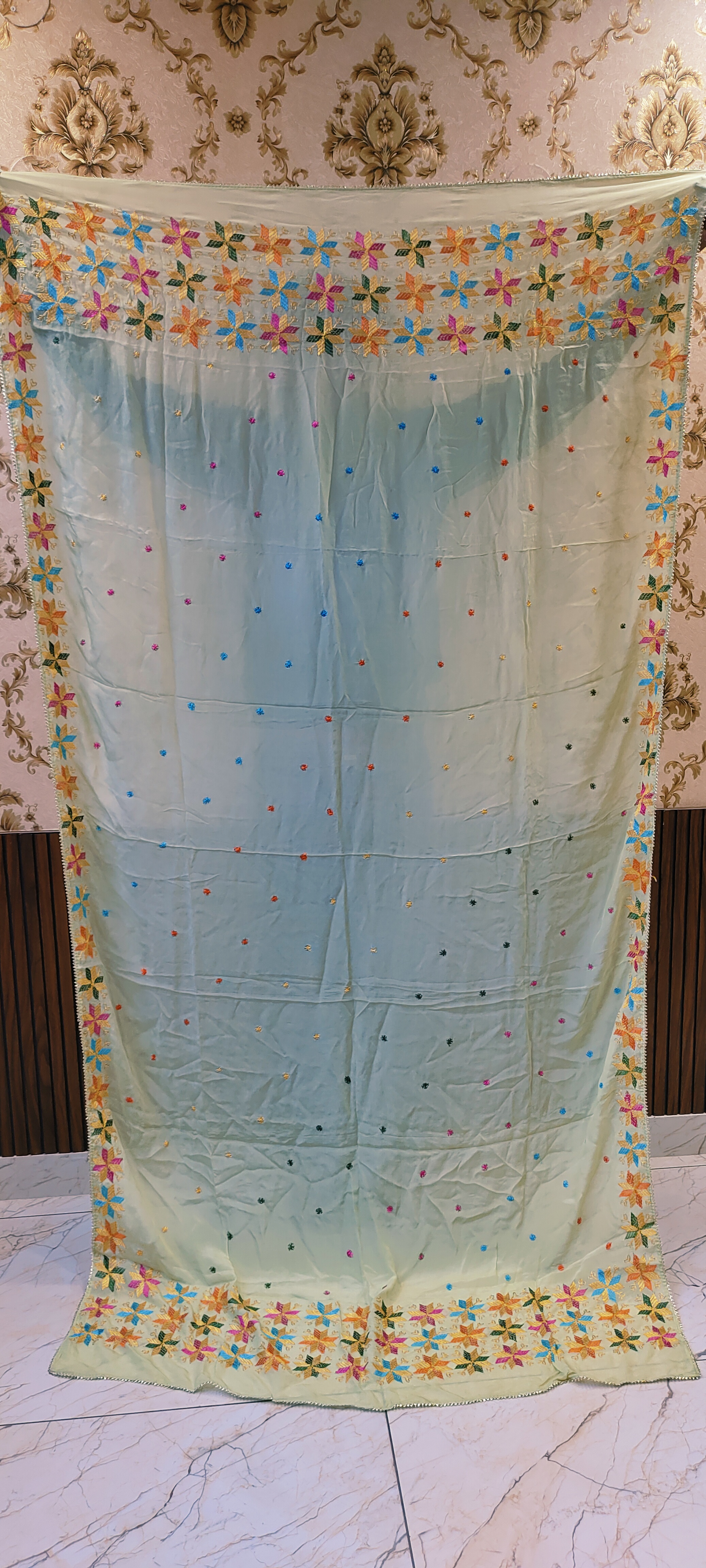 White Semi Chinon Handmade Phulkari Dupatta