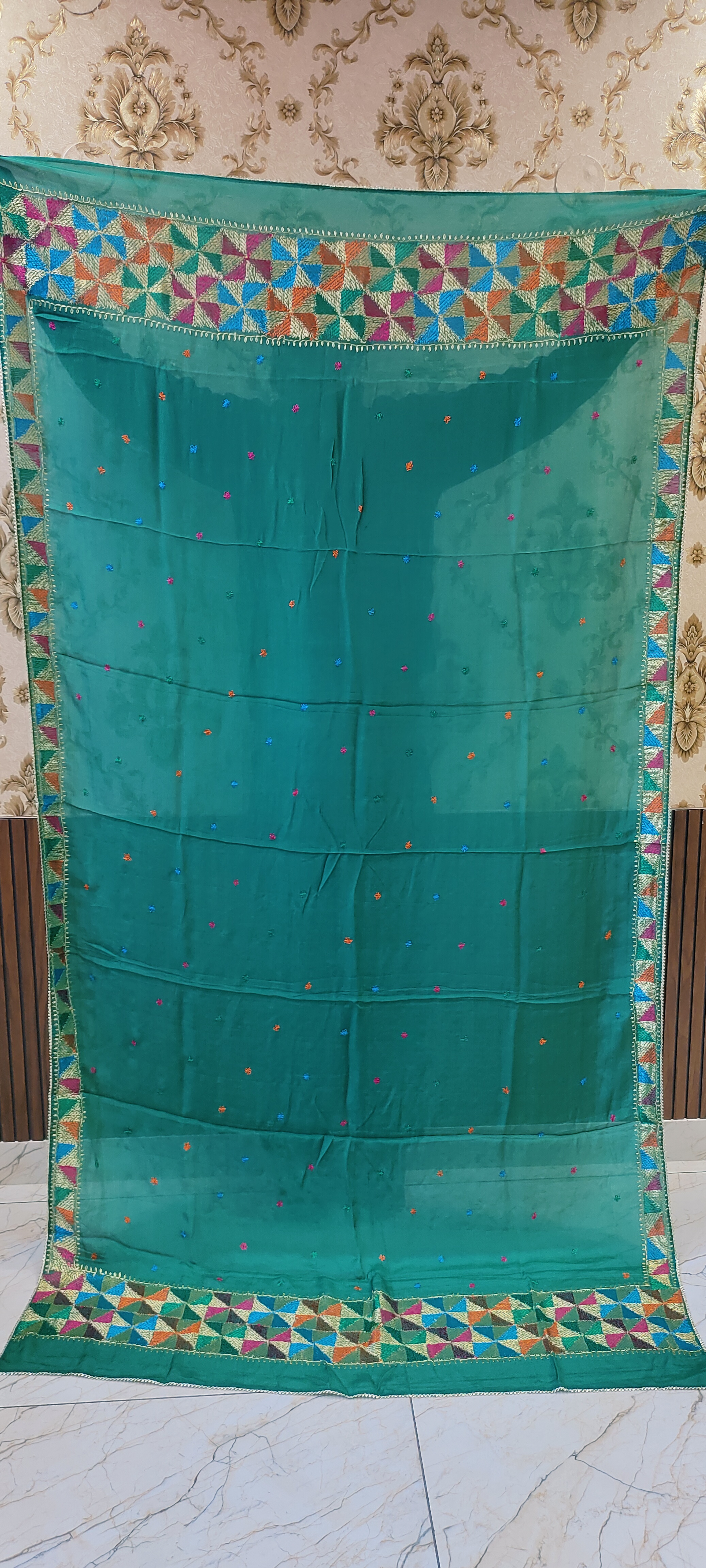 Bottle Green Semi Chinon Handmade Phulkari Dupatta