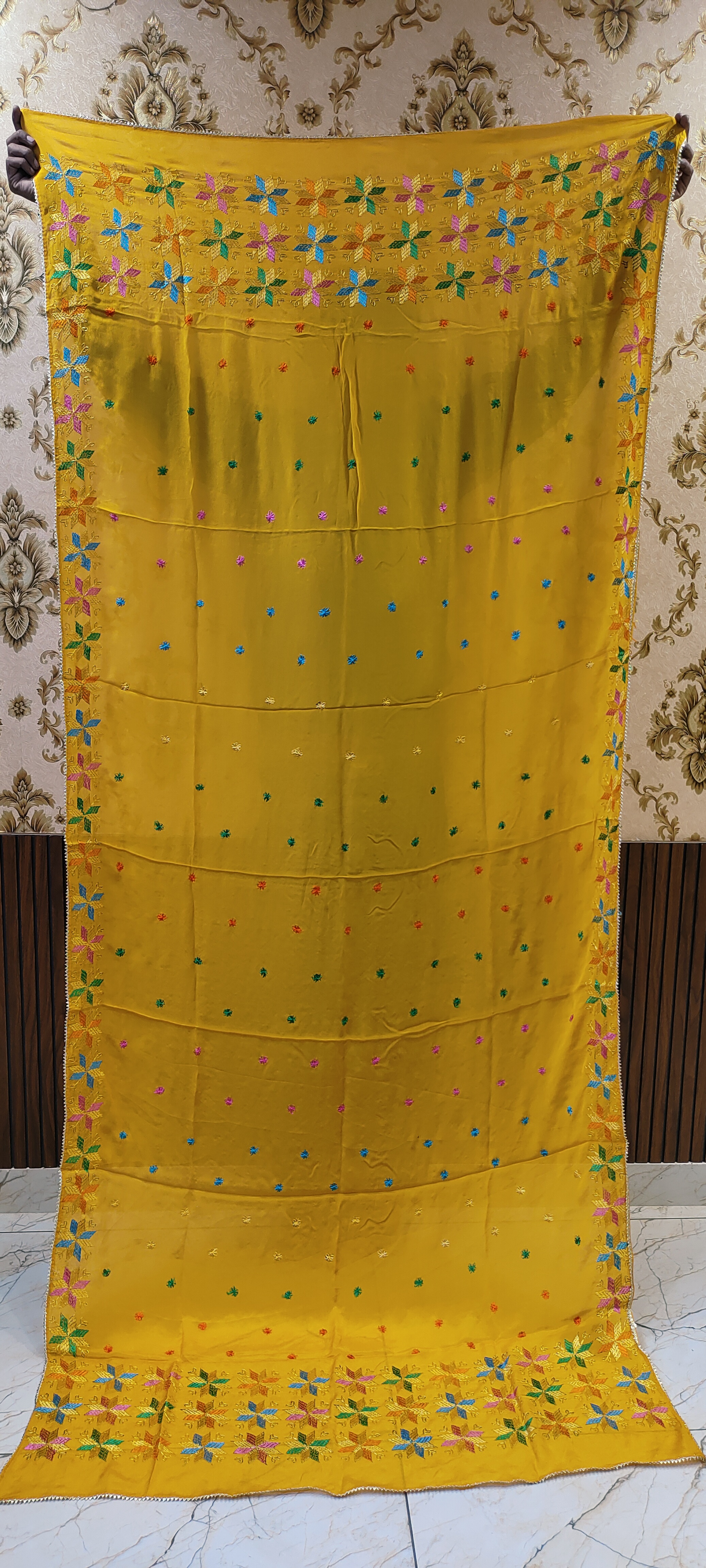 Yellow  Semi Chinon Handmade Phulkari Dupatta