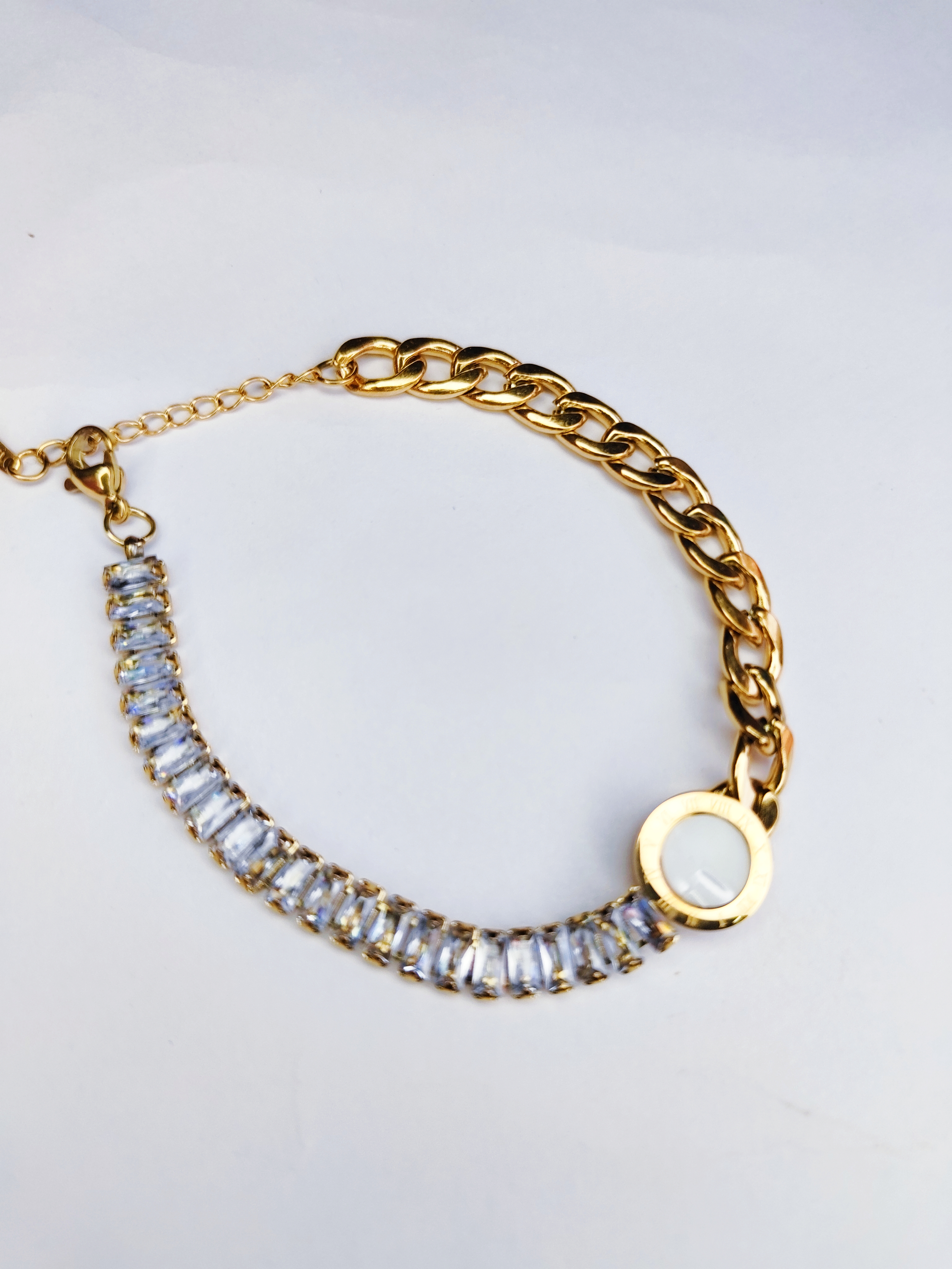 Elegant Gold and Crystal Bracelet Embraced with MOP
