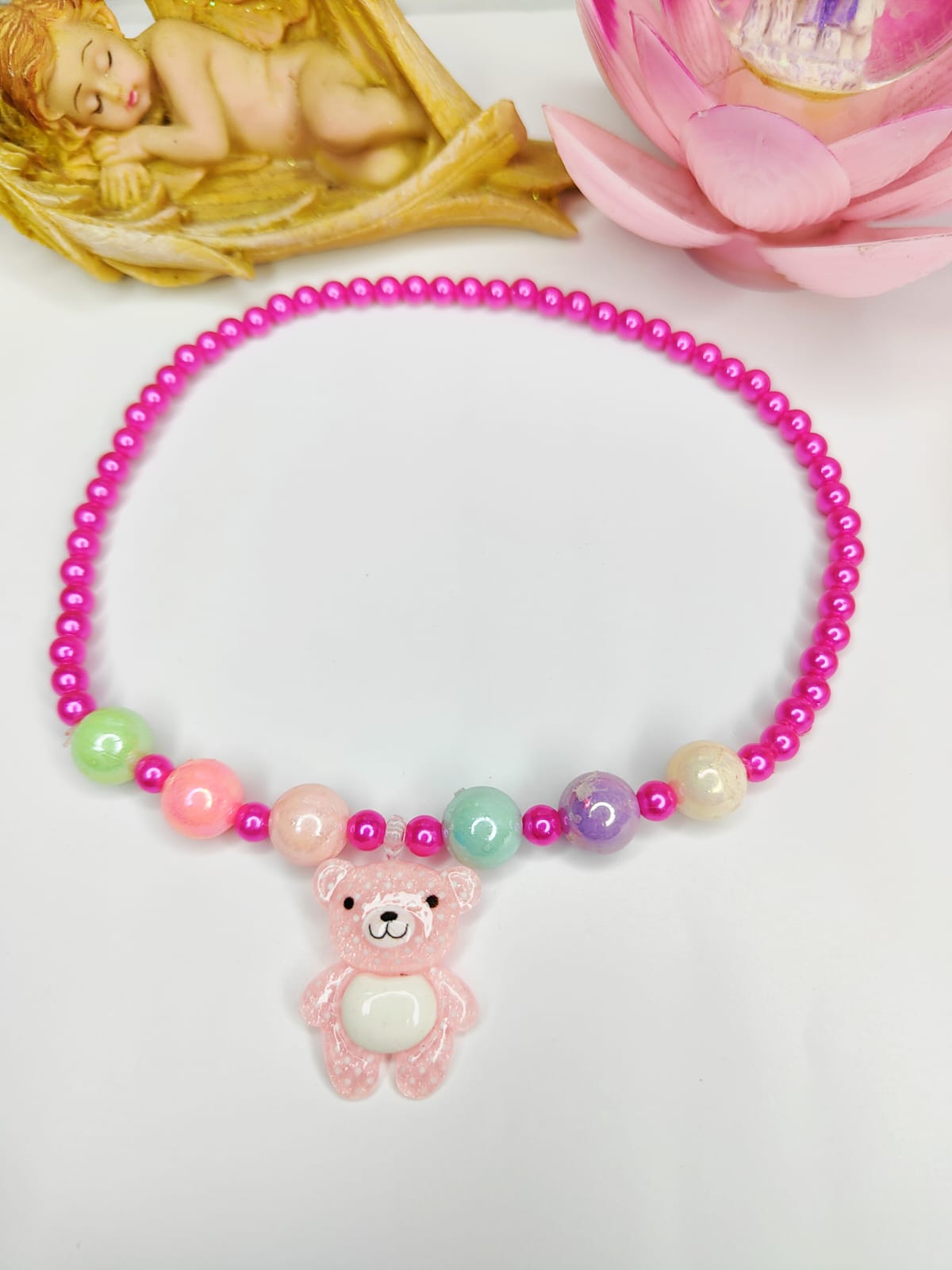 Pink Beaded Necklace with Teddy Bear Charm