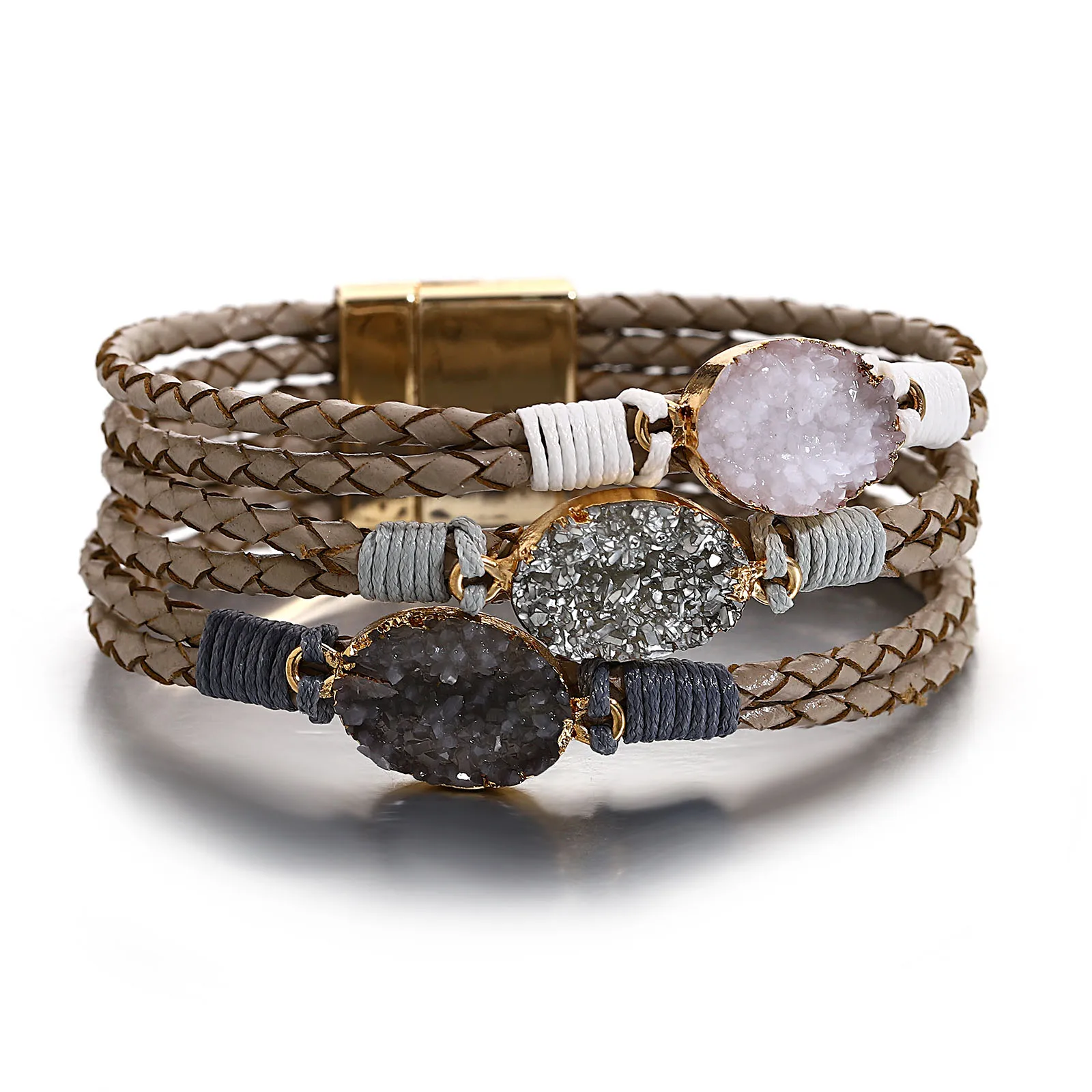 Bracelet en cuir tressé avec pierres druzy