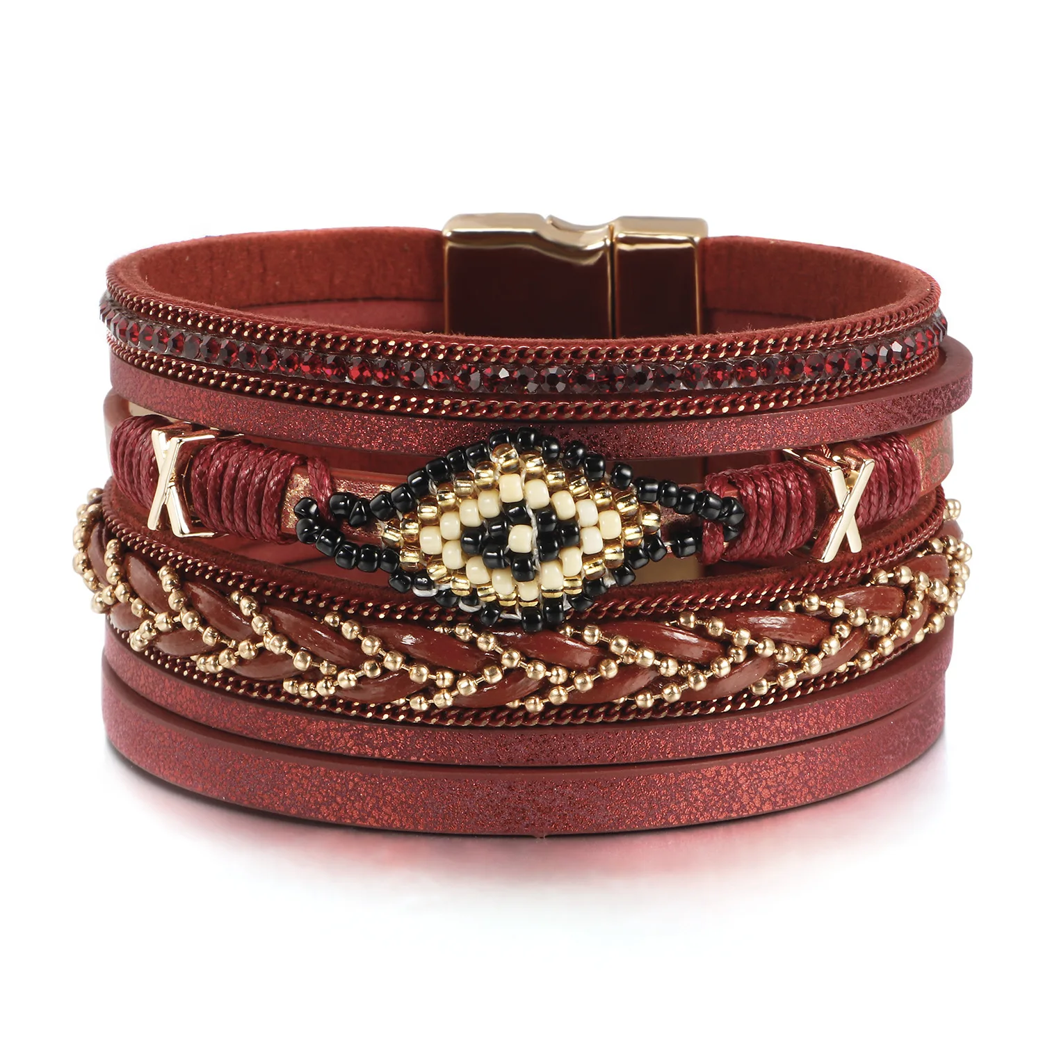 Bracelet multitours en simili cuir rouge