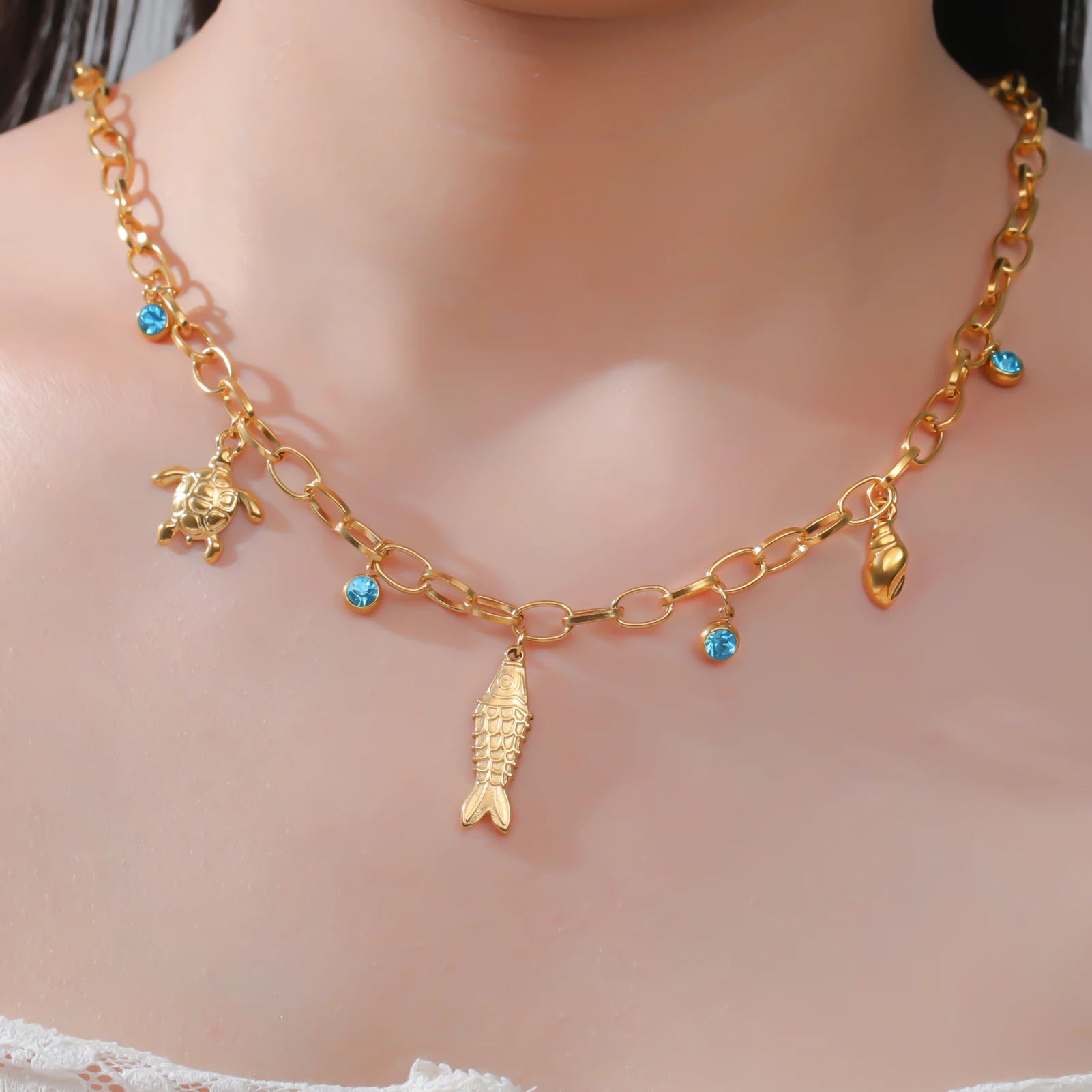 Collier breloques marines en acier inoxydable doré 