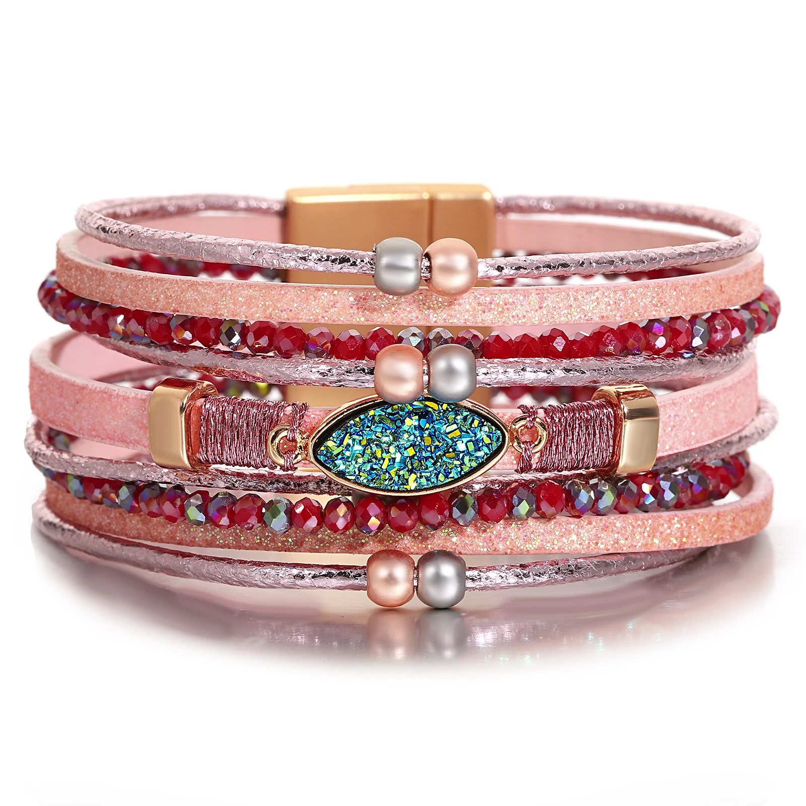 Bracelet plusieurs rangs simili cuir rose