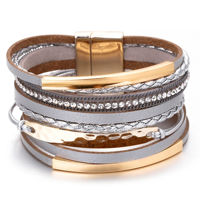 Bracelet multi-rangs cuir gris tubes dorés