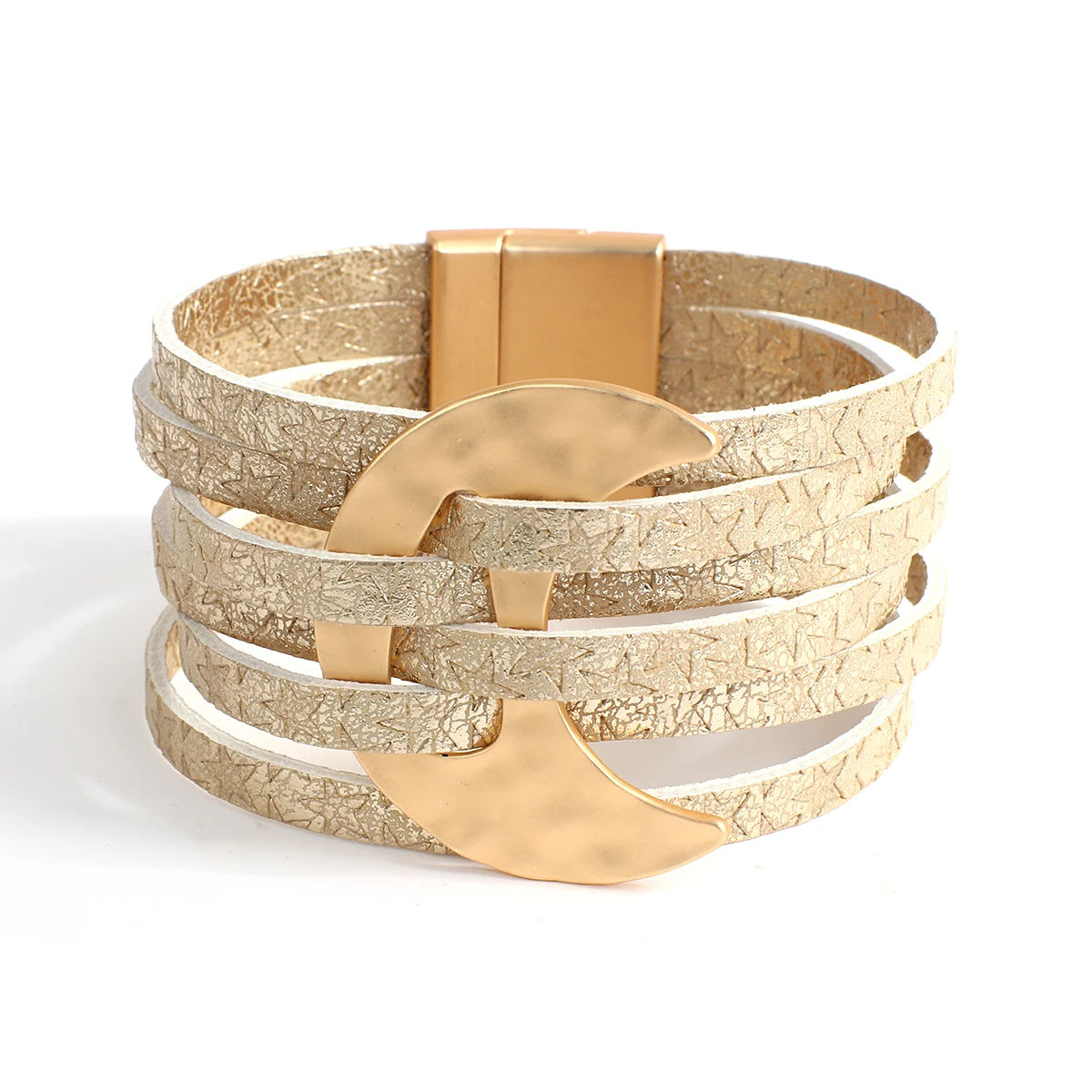 Bracelet lanières en cuir doré avec croissant de lune