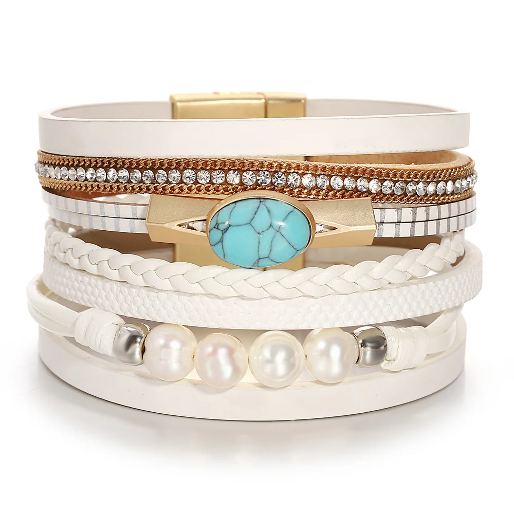 Bracelet multi-rangs simili cuir blanc avec pierre turquoise