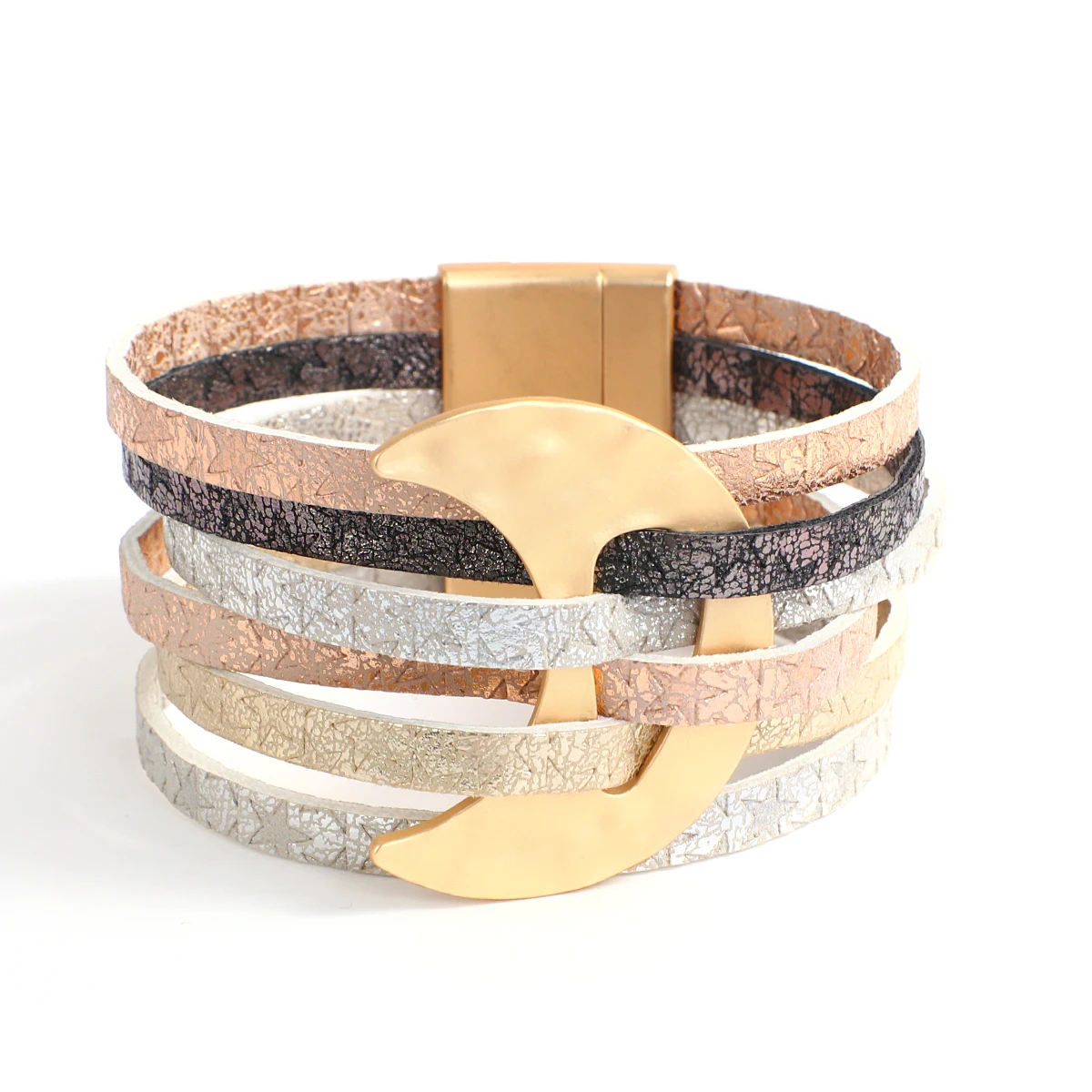 Bracelet multi-rangs lanières en cuir et métal doré
