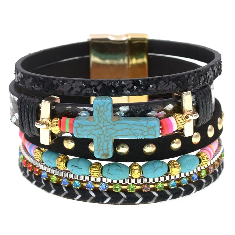 Bracelet multirang avec croix turquoise