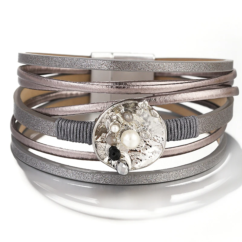 Bracelet multi-rangs lanières cuir argenté