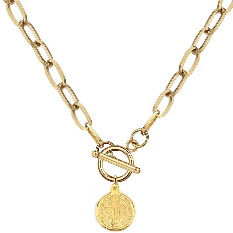 Collier chaîne gros maillon avec médaille doré