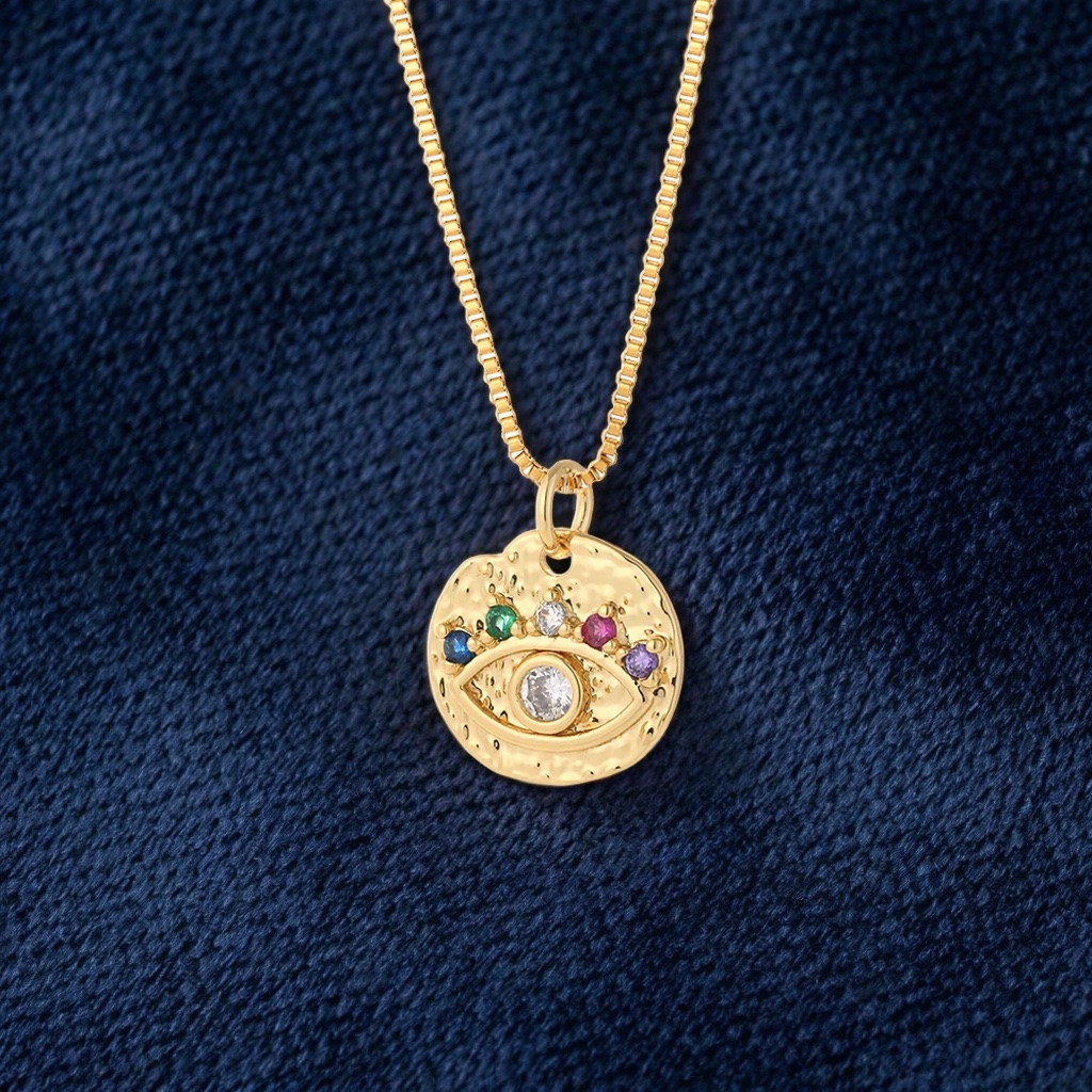 Collier pendentif œil doré zircons multicolores