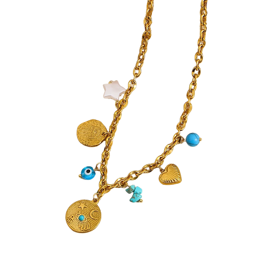 Collier doré à pendentifs breloques porte bonheur