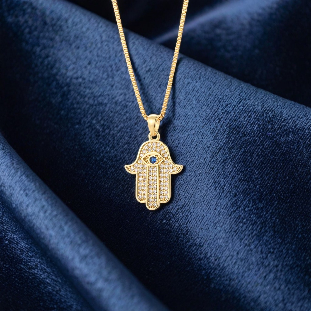 Collier main de Fatma en acier inoxydable avec zircons