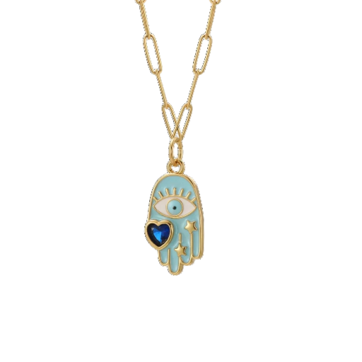 Collier main de Fatima emaillé bleu avec oeil 