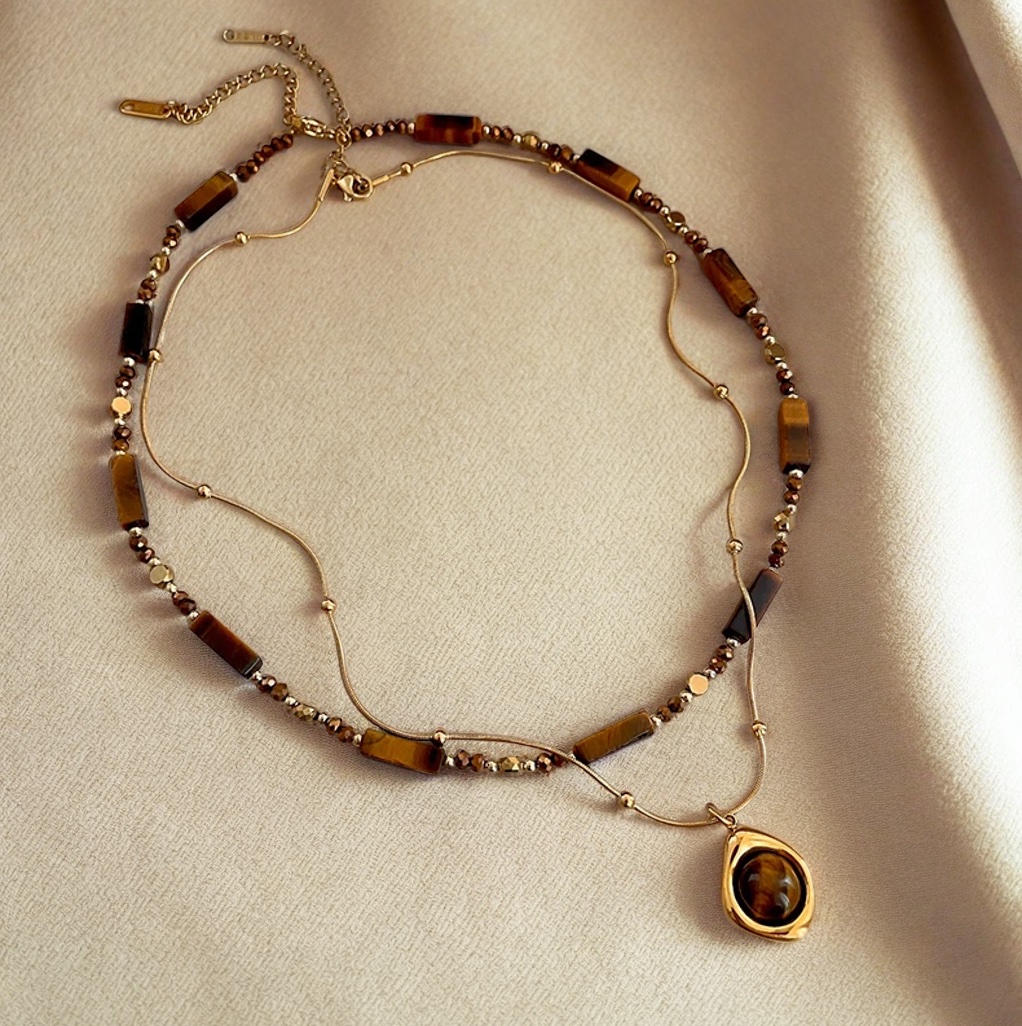 Collier double rangs en pierres naturelles marron