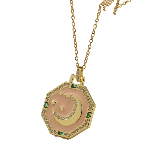 Collier médaille rose avec lune et étoile