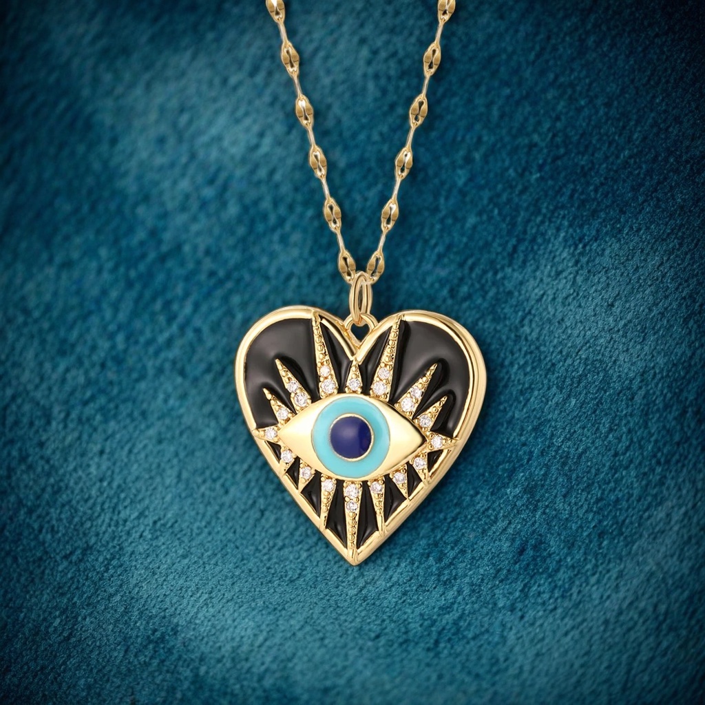 Collier pedentif cœur avec œil protecteur emaillé