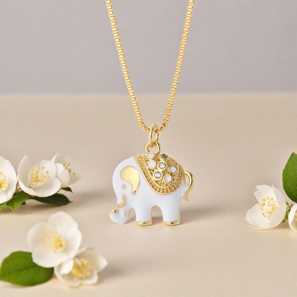 Collier doré avec pendentif éléphant blanc pour femme 