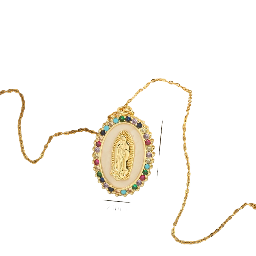 Collier médaille Vierge Marie avec zircons colorés