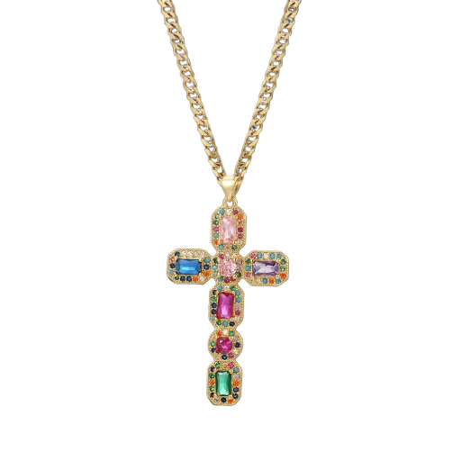 Collier avec pendentif croix cristaux multicolore