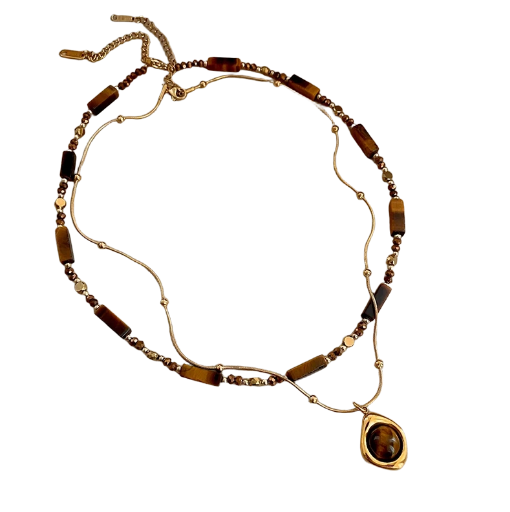 Collier double rangs en pierres naturelles marron