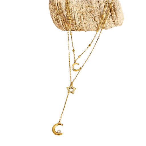 Collier doré lune et étoile en forme de Y