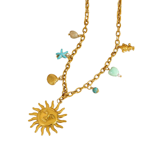 Collier à pendentif breloques soleil doré