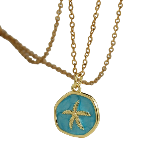 Collier médaille turuqoise émaillé avec étoile de mer doré
