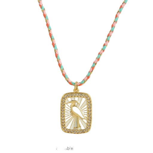 Collier cordon tressé pendentif oiseau doré