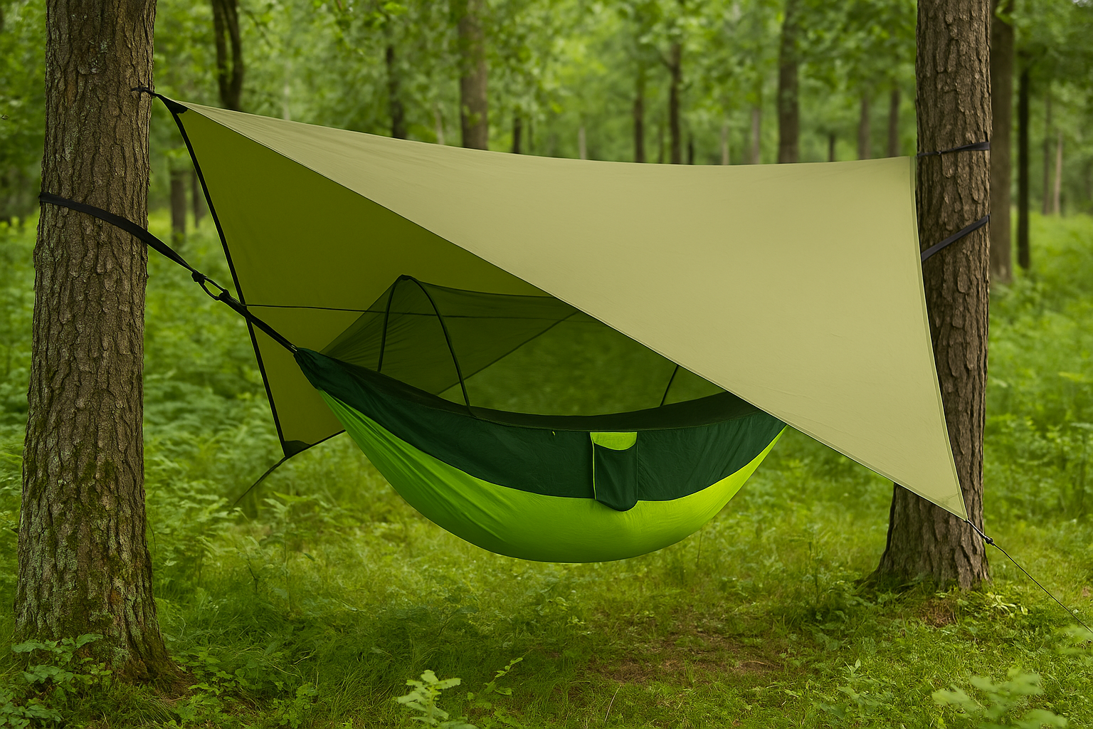 Hamakas su tinkleliu nuo uodų ir vandeniui atsparus tentas