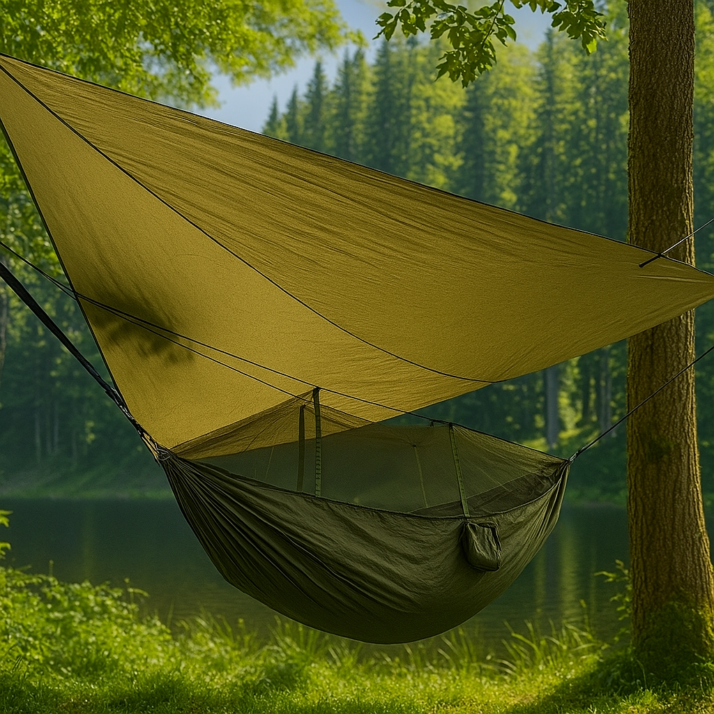 Palapinė - Hamakas su tinkleliu nuo uodų ir vandeniui atsparus tentas / chaki