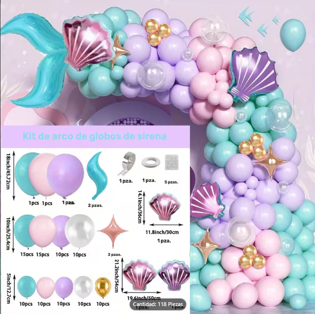 118 piezas Set Arco de Globos Sirena