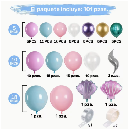Set de Globos 101 piezas Decorativos Sirena