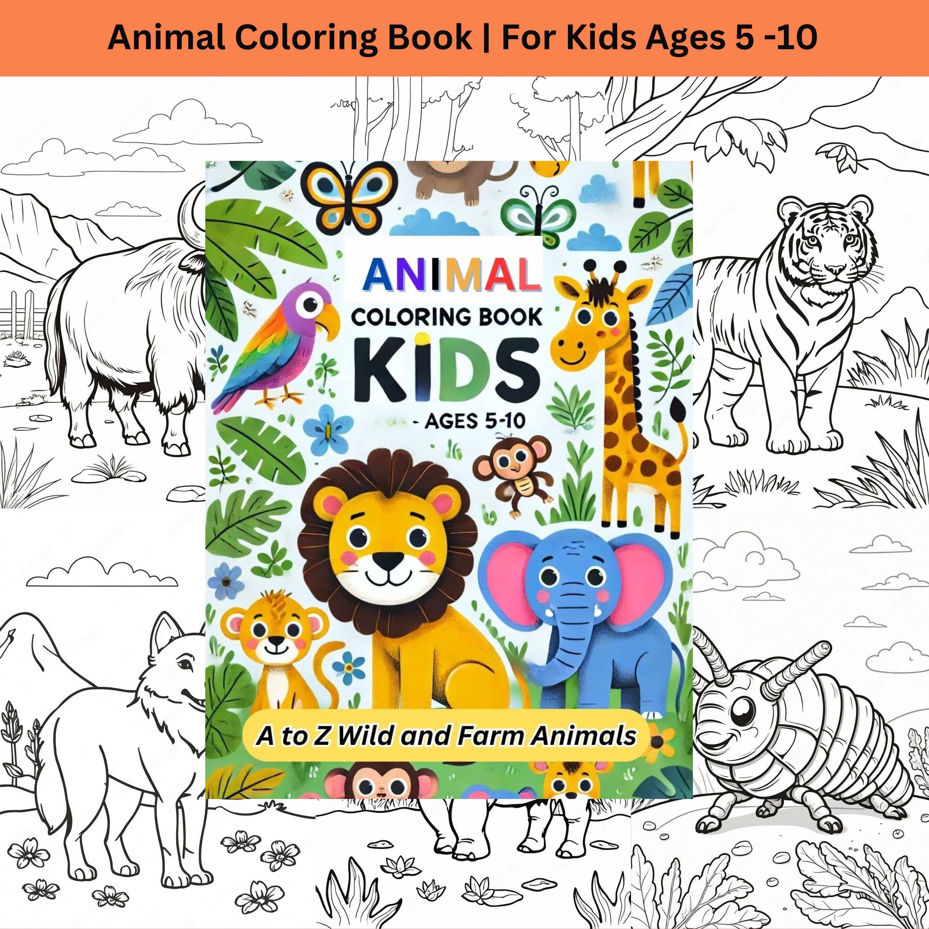A to Z Animal Coloring Book for Kids. Wild and Farm Animals