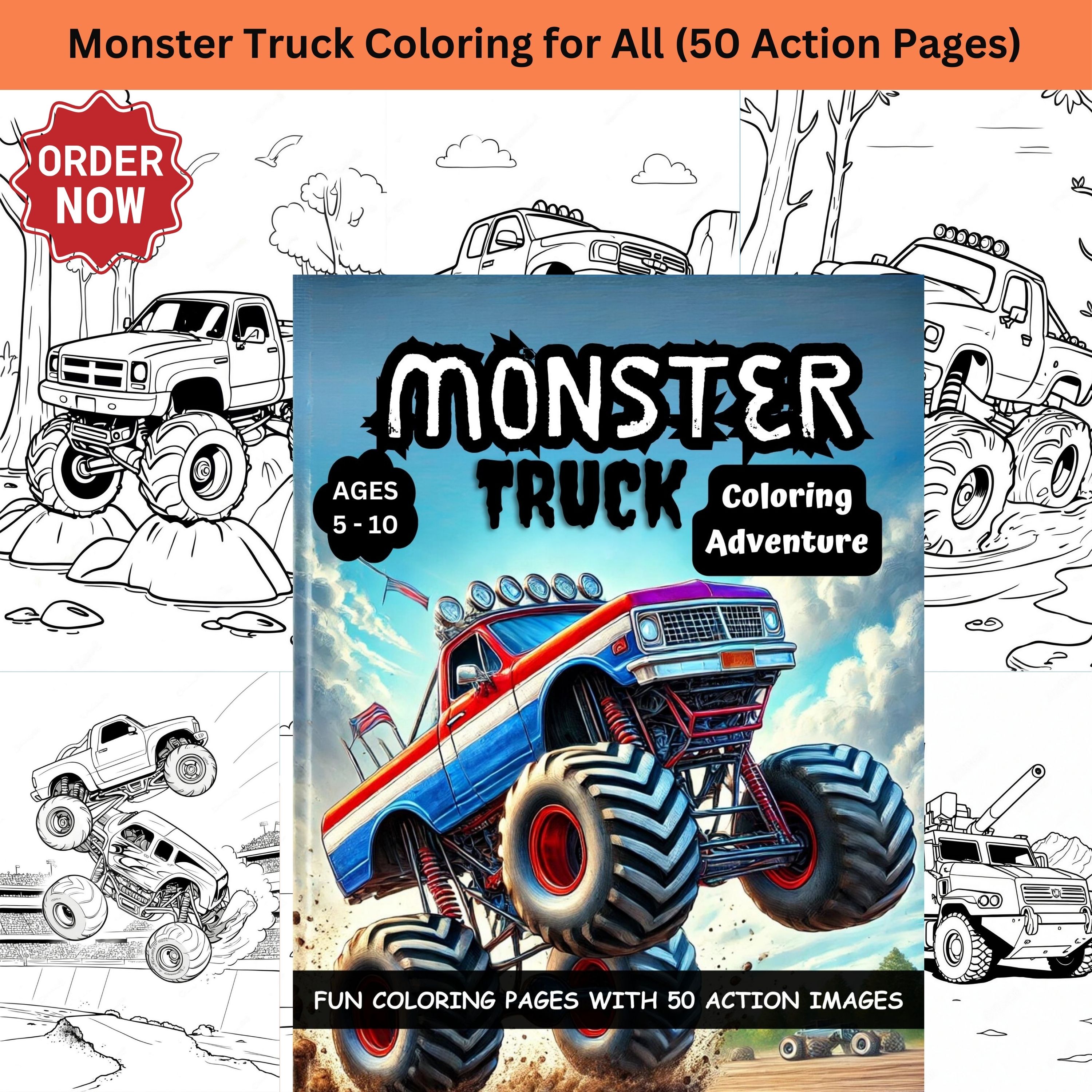Monster Truck Coloring Book with 50 Action Images